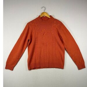 Cottagecore Salon Studio Women Med Orange Floral Embroidered Mock Neck Sweater